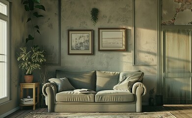 A couch sits in a rustic living room.