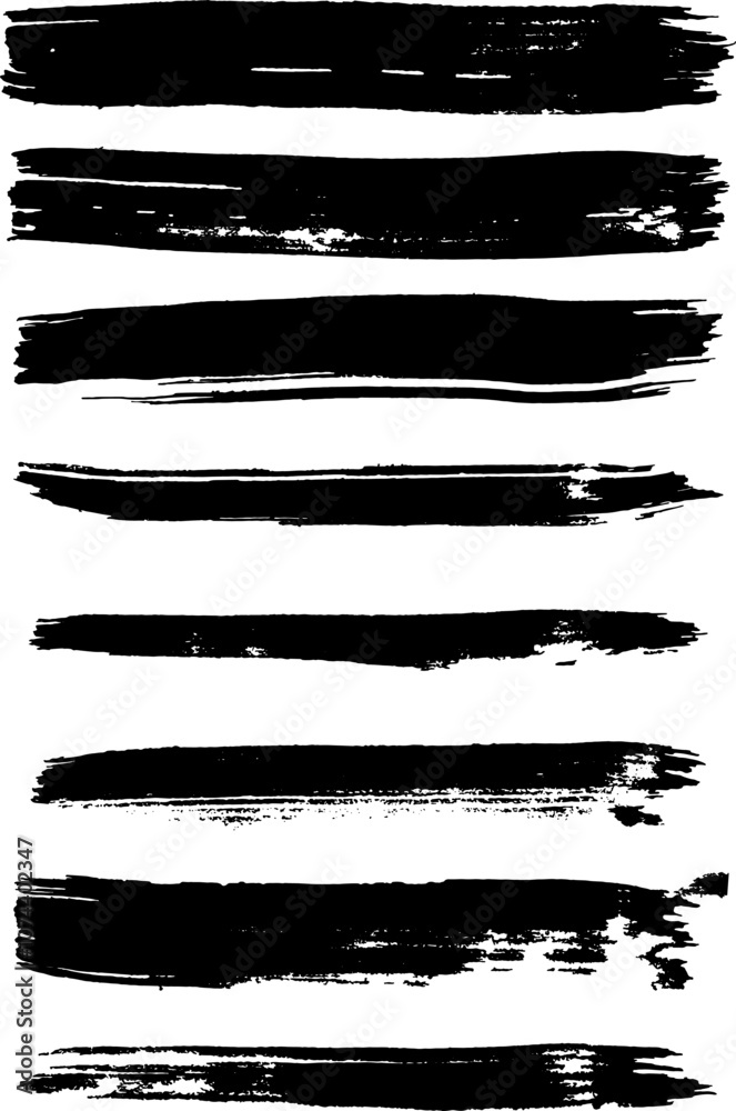 Sticker set of textured grunge black brush strokes. the black brush strokes create a dynamic and bold visual
