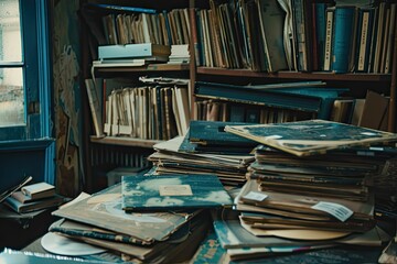 Vintage books piled on a desk.