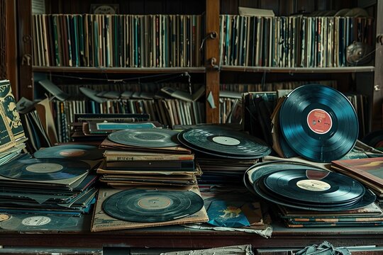 Vintage vinyl records stacked on a shelf.