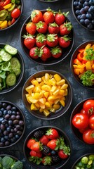 Colorful Fresh Fruits and Vegetables in Black Bowls