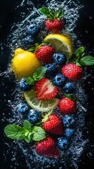 Vibrant fruits and vegetables splashing in clear water background
