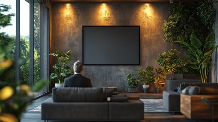 Modern living room with a man seated, surrounded by plants.