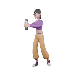  Dancer Character in 3D Illustration. A female dancer walks to the right while holding a tumbler in both hands. Performer