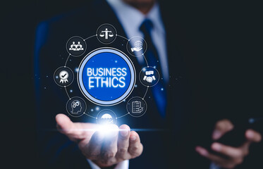 Business Ethics and Corporate Responsibility Concept. "Business Ethics" with icons for integrity, accountability, teamwork, fair practices, and ethical standards in corporate environments.