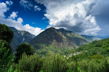 Beautiful view of mountains of Parvati valley from Jari village in Himachal Pradesh, India
