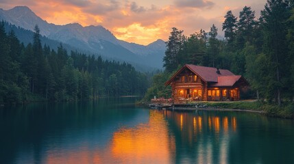 Fototapeta premium Serene lakeside cabin at sunset with mountain backdrop.