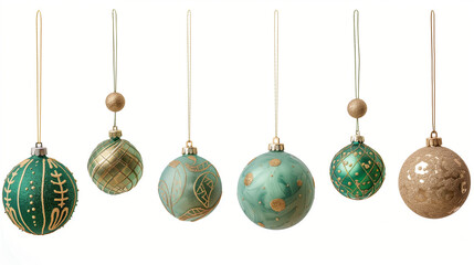 Set of six golden and green decoration Christmas balls collection hanging isolated on white background
