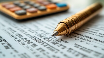 Close-up of financial documents with a pen and calculator.
