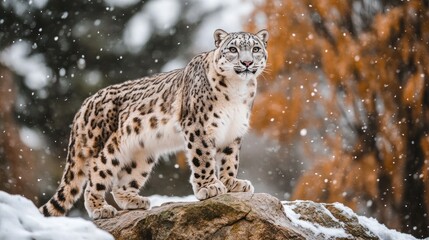Naklejka premium Snow leopard standing on a rock amidst snowy mountains, sharpen details, clear eyes and patterns