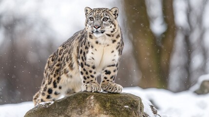 Obraz premium Snow leopard standing on a rock amidst snowy mountains, sharpen details, clear eyes and patterns
