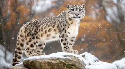Obraz premium Snow leopard standing on a rock amidst snowy mountains, sharpen details, clear eyes and patterns