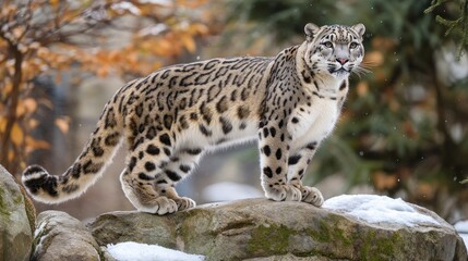 Obraz premium Snow leopard standing on a rock amidst snowy mountains, sharpen details, clear eyes and patterns