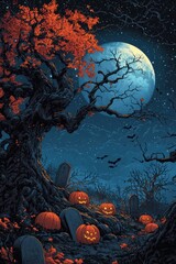 Eerie Halloween night in a pumpkin-filled graveyard under full moon