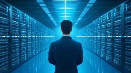 Skilled technician overseeing server racks in modern data center, ensuring seamless network operations and integrity