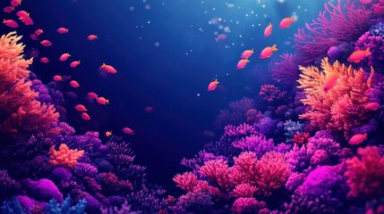 Obraz premium Underwater background with vibrant coral reefs in shades of pink, purple, and orange, surrounded by small colorful fish