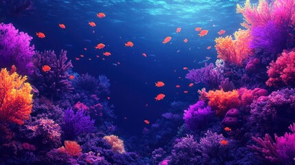 Fototapeta premium Underwater background with vibrant coral reefs in shades of pink, purple, and orange, surrounded by small colorful fish