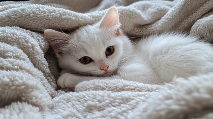 Naklejka premium White kitten curled up comfortably on a soft blanket, showcasing its cute face and big round eyes