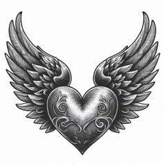 Obraz premium Heart has wings sketch engraving fictional raster illustration. Black and white image.