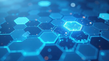 Fototapeta premium Abstract glowing hexagonal pattern on a blue background. Futuristic technology design. Ideal for science, tech, and modern background designs for wallpaper, banner, and poster