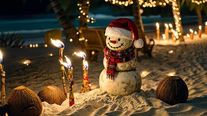 Creative a sandman instead of a snowman wearing a Santa hat and scarf on the beach, surrounded by tropical Christmas decorations like coconuts	