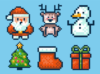 Fototapeta premium Pixel art Christmas icons including Santa Claus, reindeer, snowman, stocking, evergreen tree, and gift box. Icons for holiday designs, greeting cards, or Christmas themed digital illustrations.