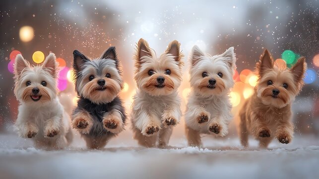 Illustration showcasing a group of vibrant Yorkshire Terrier dogs playfully dancing under a mesmerizing display of colorful lights, created through AI generative technology.