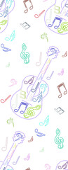 Stylish colorful line art guitar with musical notes seamless pattern. Design  music related projects, posters, and prints, textile design, the combination of the guitar and musical notes. 
