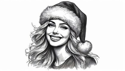 A women Claus smiling, sketch engraving character vector illustration. Black and white image.