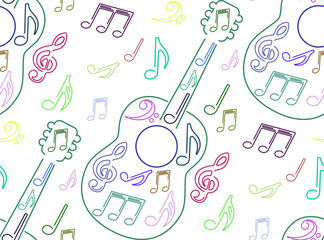 Stylish colorful line art guitar with musical notes seamless pattern. Design  music related projects, posters, and prints, textile design, the combination of the guitar and musical notes. 