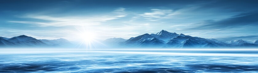 Fototapeta premium Radiant sun over serene mountain lake, a breathtaking landscape of nature's majesty