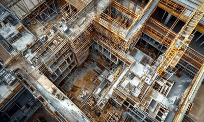 Aerial view of a construction site with scaffolding and concrete structures.