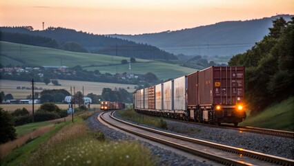 Fototapeta premium Freight train traveling through a scenic landscape.