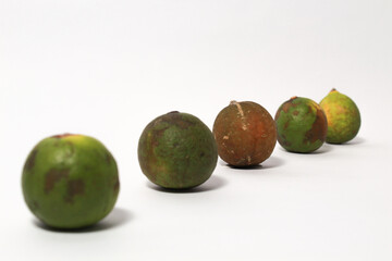 Green lime fruits on isolated white background. Sliced and unsliced.