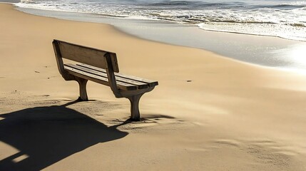 A single wooden bench nestled on a deserted beach, with sunlight casting long shadows across the sand, waves lapping at the shore, creating a peaceful, serene scene