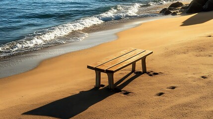 A single wooden bench nestled on a deserted beach, with sunlight casting long shadows across the sand, waves lapping at the shore, creating a peaceful, serene scene