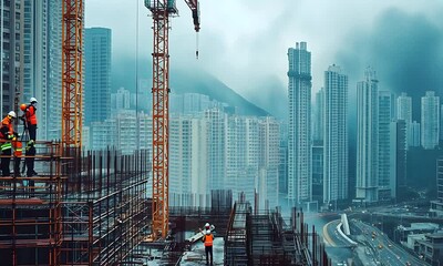 A construction site with a crane and scaffolding, set against a backdrop of tall buildings in a misty urban landscape. Workers are present, highlighting the industry and development.