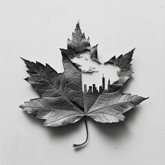 Naklejka premium Single Leaf Outline Featuring an Urban Skyline with Tiny Cloud Additions ar 16:9 --v 6 Job ID: ec95d7be-3ee3-4810-965d-cfe51d7274a2