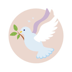 Obraz premium Dove with Olive Branch and Purple Ribbon on Beige Background