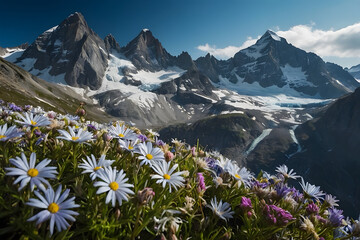 A scene of vibrant and beautiful alpine flowers blooming with an icy mountains background