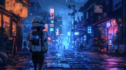 Fototapeta premium Solitary Adventures in a Cyberpunk Cityscape