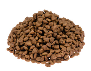 dry pet food isolated on white background. close up. top view. blank for designers