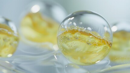 Yellow liquid spheres and bubbles creating abstract pattern with transparent reflections