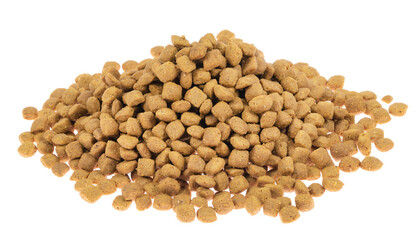 dry pet food isolated on white background. close up. top view. blank for designers