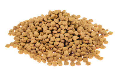 dry pet food isolated on white background. close up. top view. blank for designers