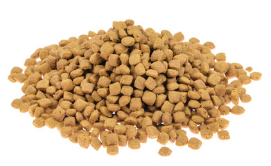 dry pet food isolated on white background. close up. top view. blank for designers