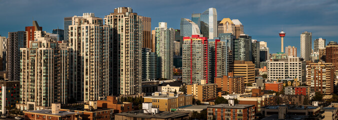 Travel destination Calgary. Panoramic view of skyline in the autumn season with bankers hall and Calgary tower