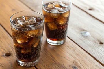 Two glasses of cola with ice on a wooden table.