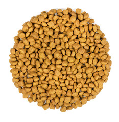 dry pet food isolated on white background. close up. top view. blank for designers