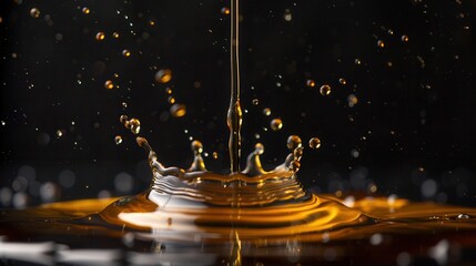 Golden liquid crown splash captured at high speed with dark background and suspended droplets